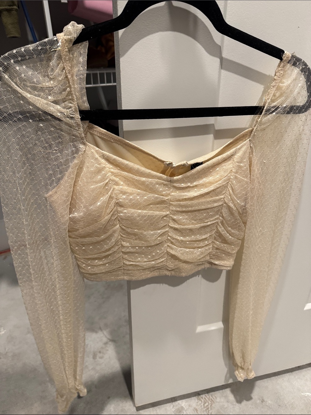 Windsor Cream Sheer Dot Ruched Long-Sleeve Crop Top